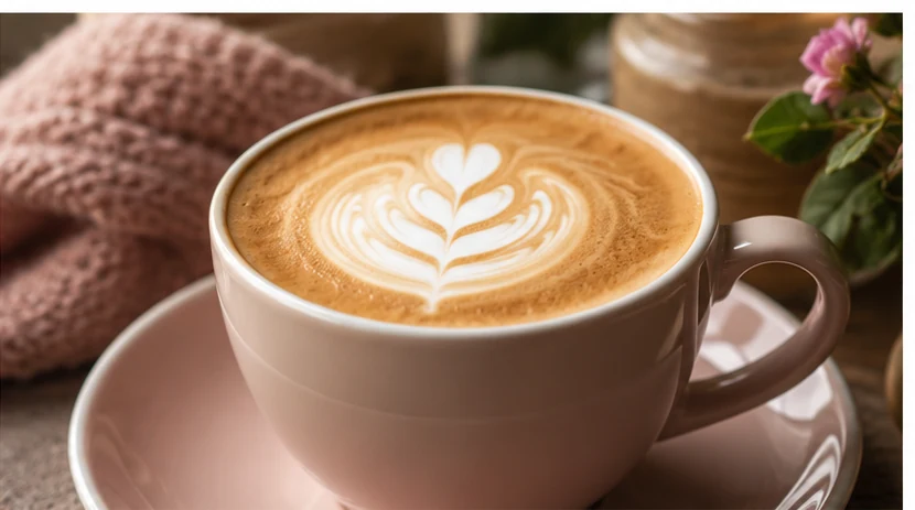 Zbliżenie na filiżankę gorącej kawy latte z mleczną pianką