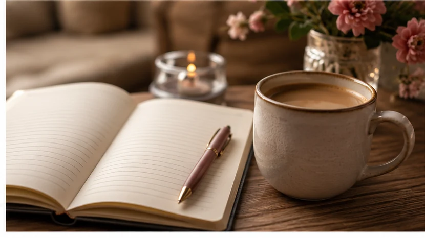 Zbliżenie na otwarty notes z długopisem leżący obok kubka kawy